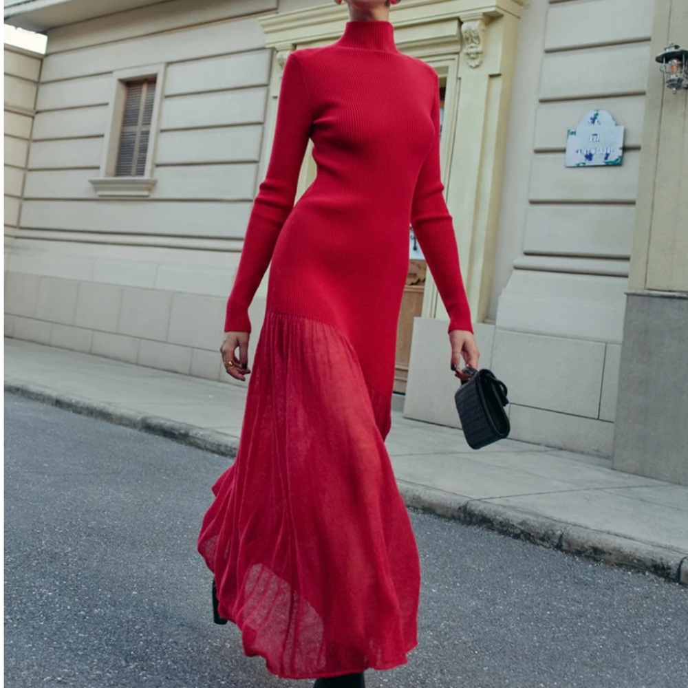 Mock Neck Pleated Panel Sweater Dress  new with tag